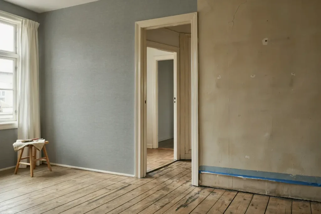 tapetsera sovrum och hall med m lade snickerier